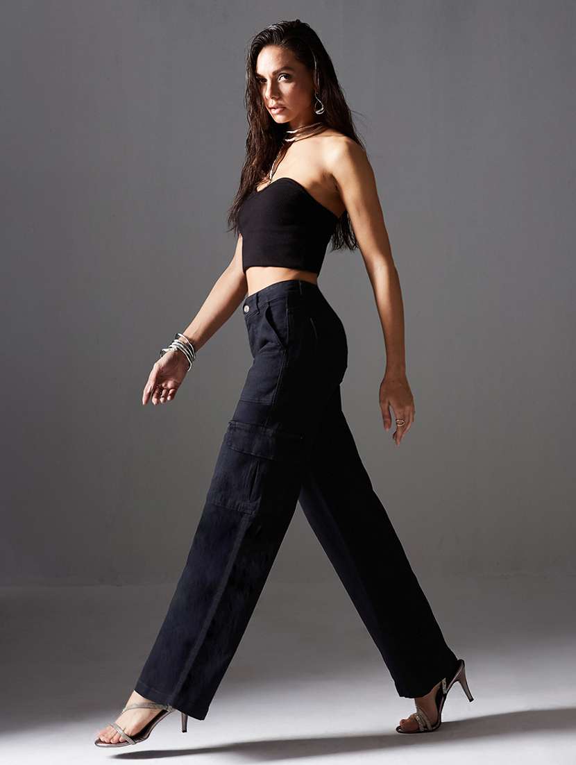 women solid high rise denim cargo - 22402794 -  Standard Image - 4