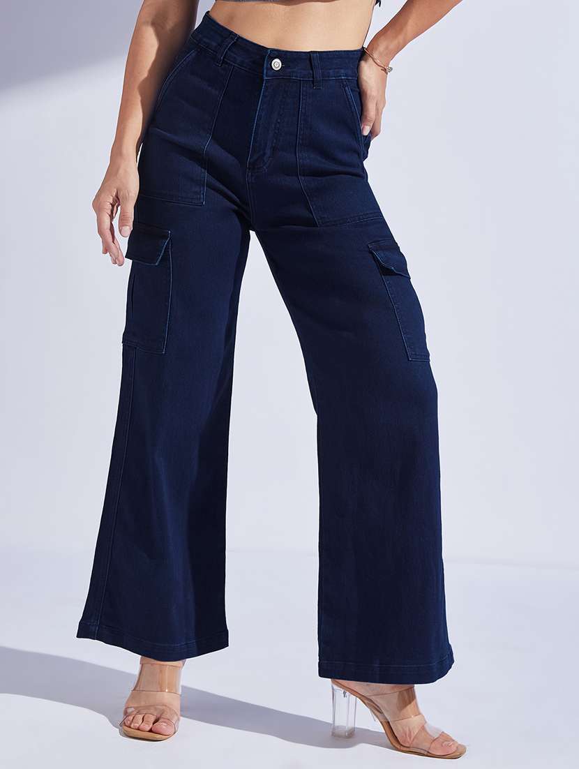 women solid high rise wide leg jeans