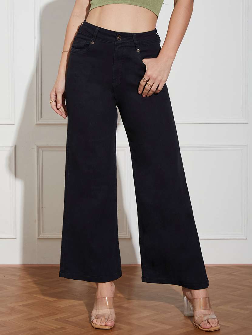 women solid high rise wide leg jeans