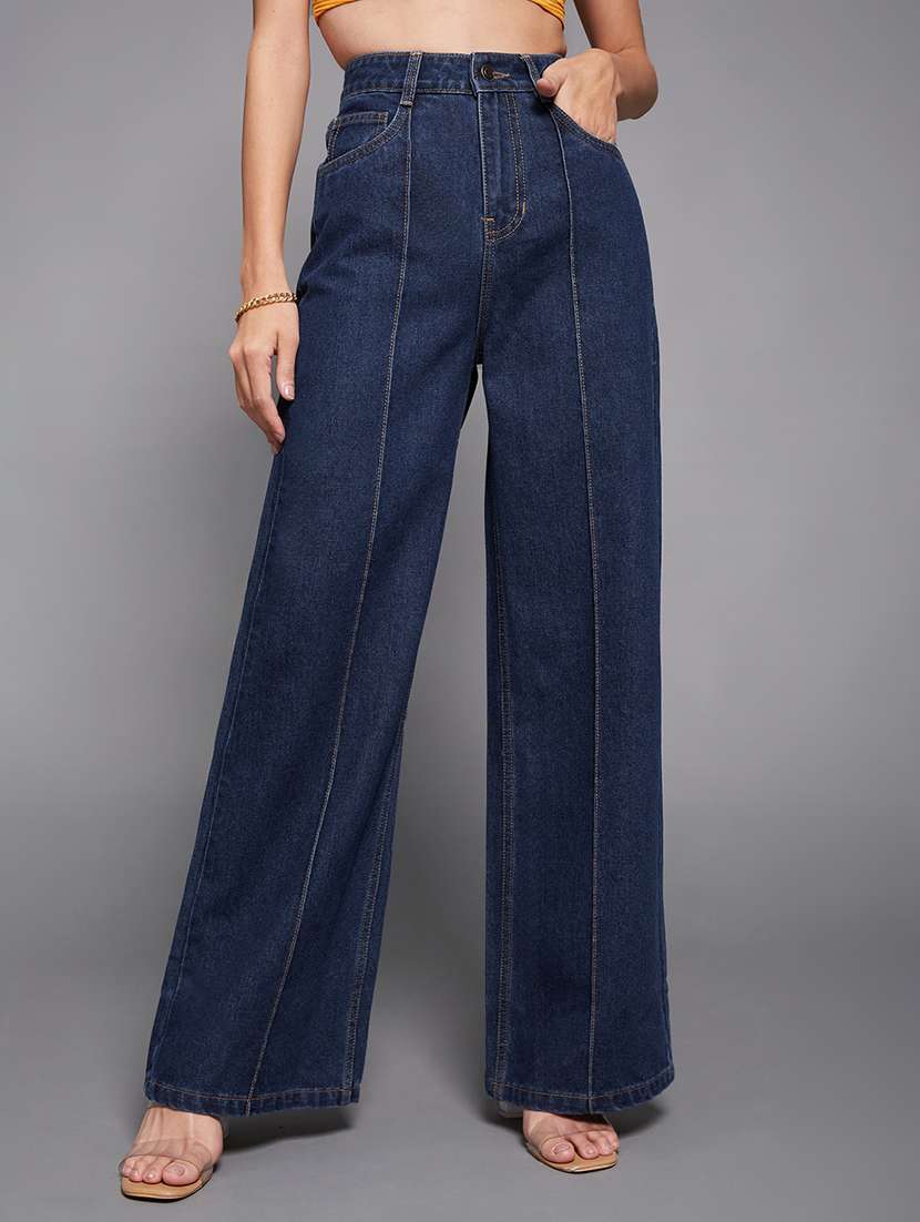women solid high rise wide leg jeans