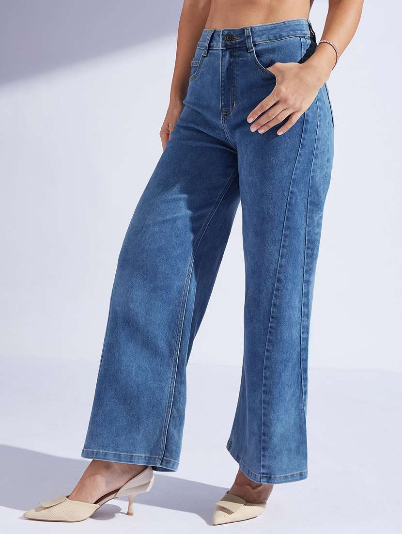 women solid high rise wide leg jeans