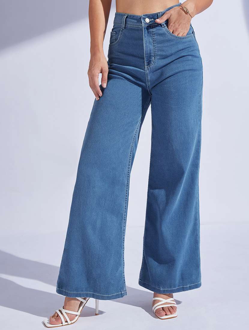 women solid high rise wide leg jeans
