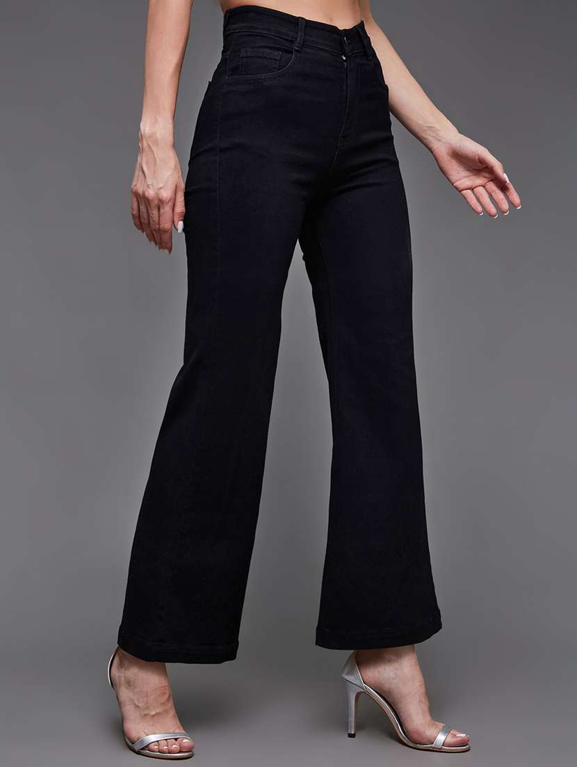 women solid high rise wide leg jeans