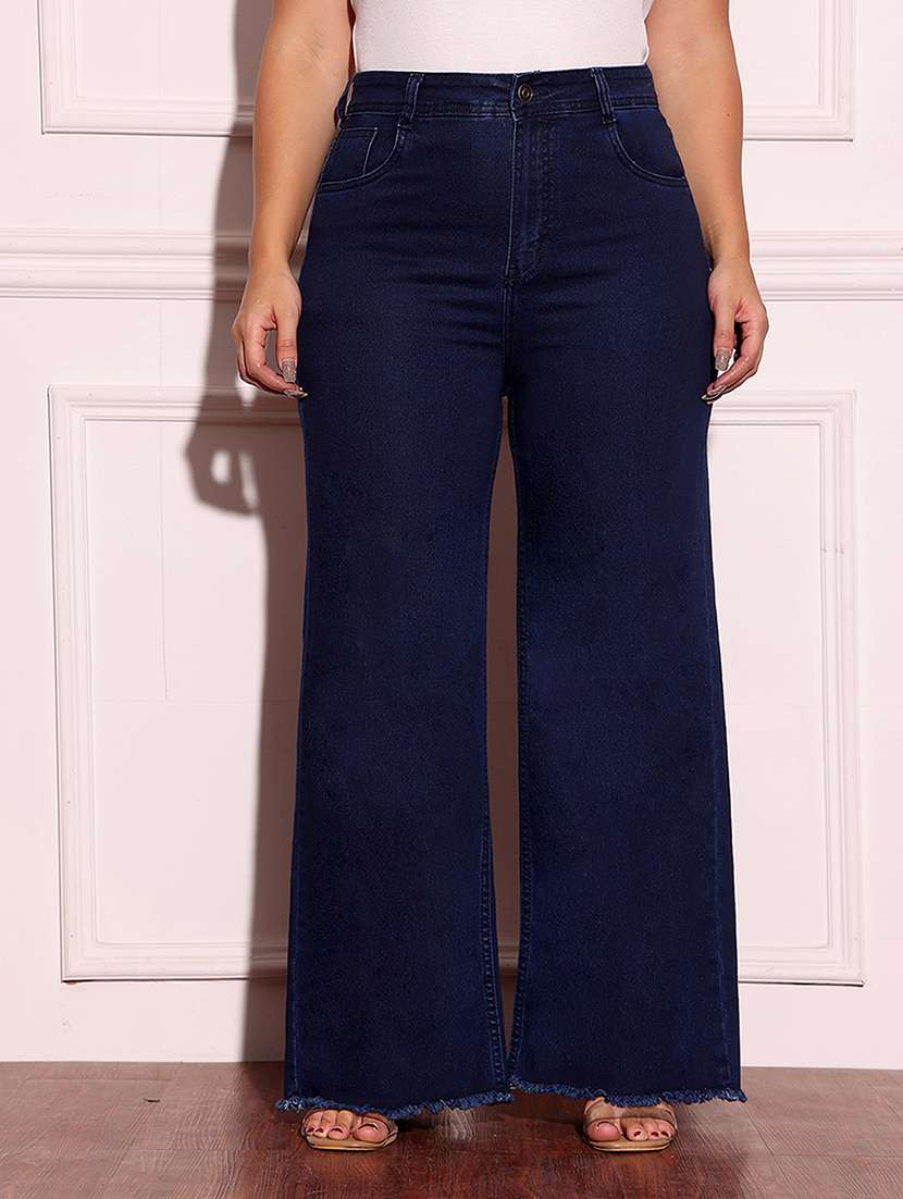 women solid high rise wide leg jeans