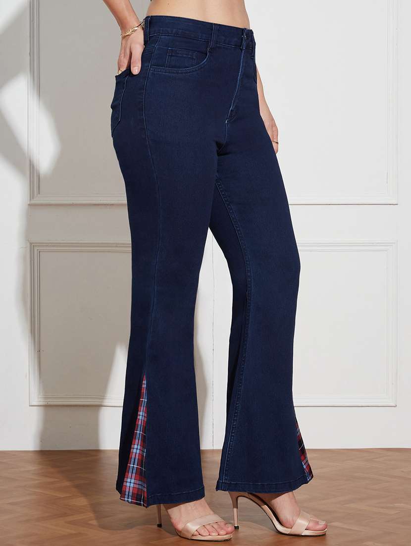 women high-rise dark wash bootcut jeans with plaid slit detail - 22402953 -  Standard Image - 1