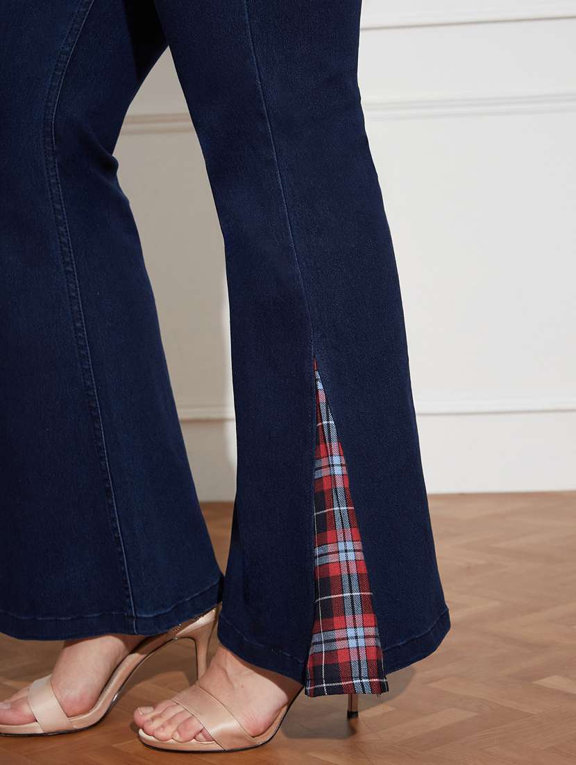 women high-rise dark wash bootcut jeans with plaid slit detail - 22402953 -  Standard Image - 4