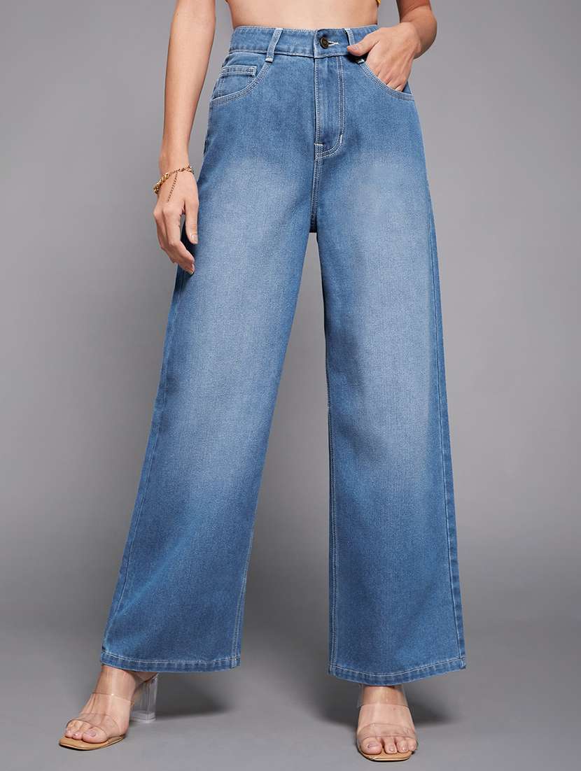 women solid high rise wide leg jeans