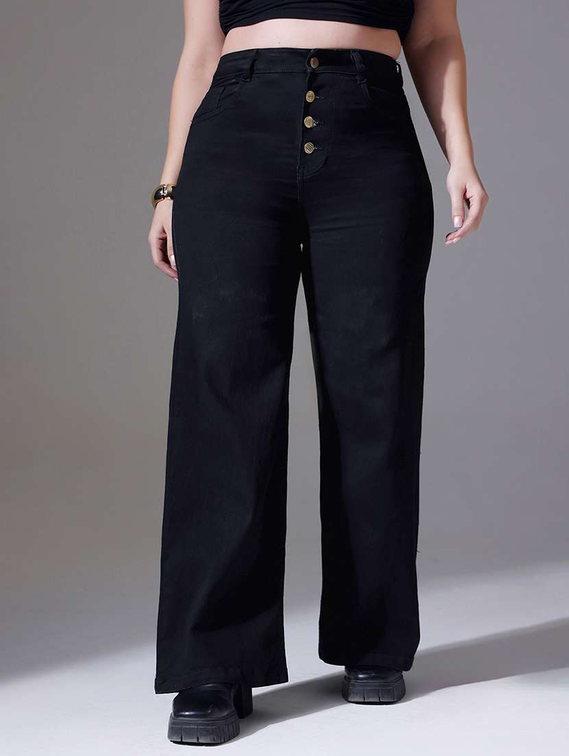 women solid high rise wide leg jeans