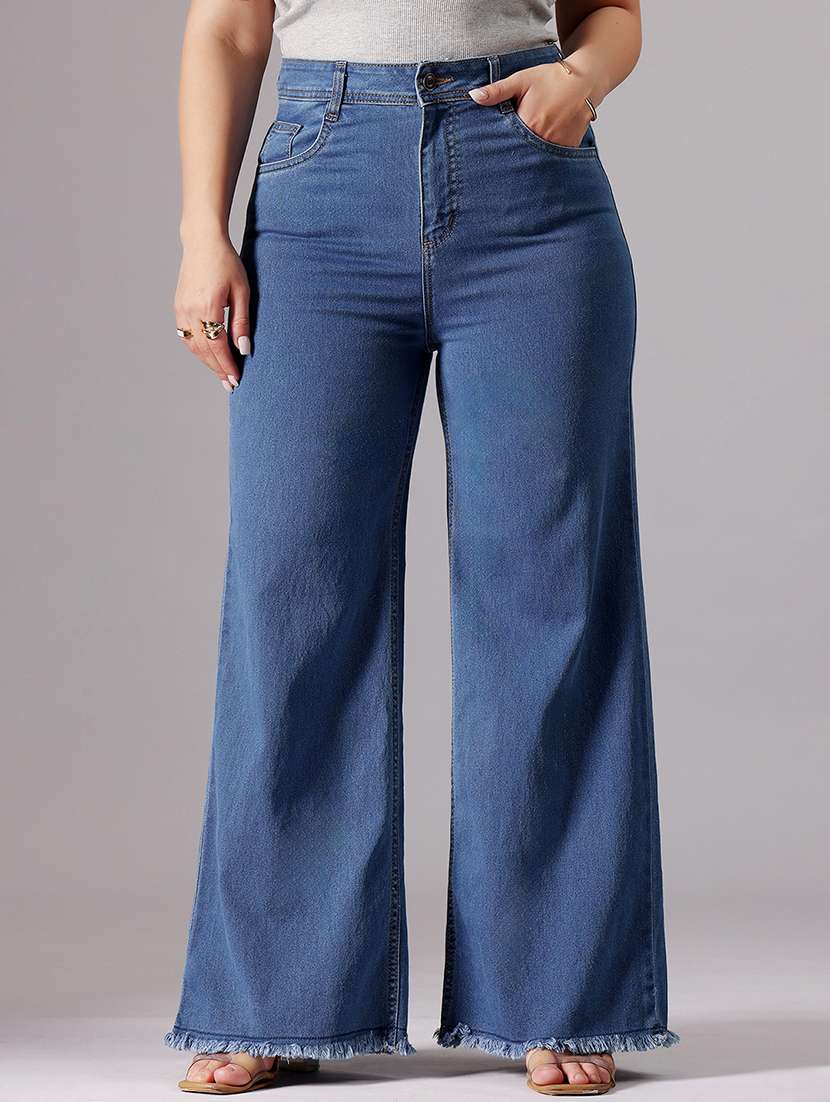 women solid high rise wide leg jeans