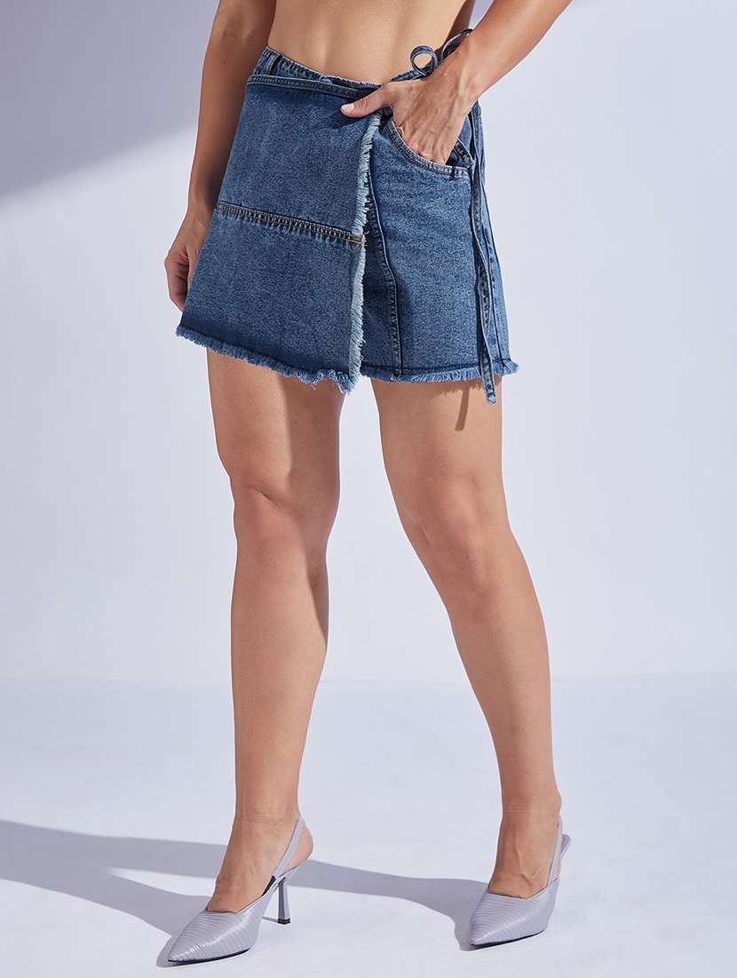 women high rise denim skorts