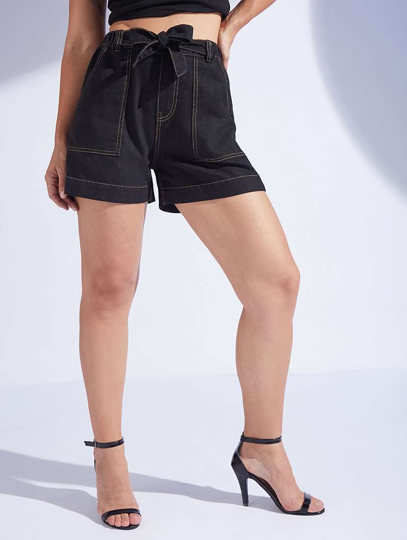 women solid high rise denim shorts - 22403161 -  Standard Image - 1