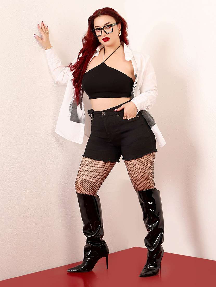 women solid high rise denim short - 22403162 -  Standard Image - 4