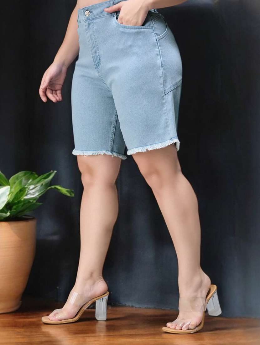 women solid high rise denim bermuda short