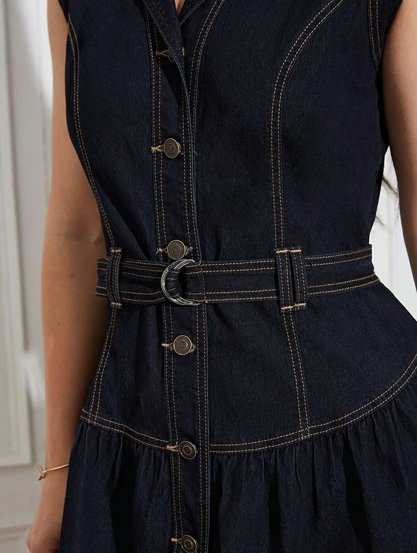 women solid sleeveless denim a-line dress - 22403190 -  Standard Image - 1