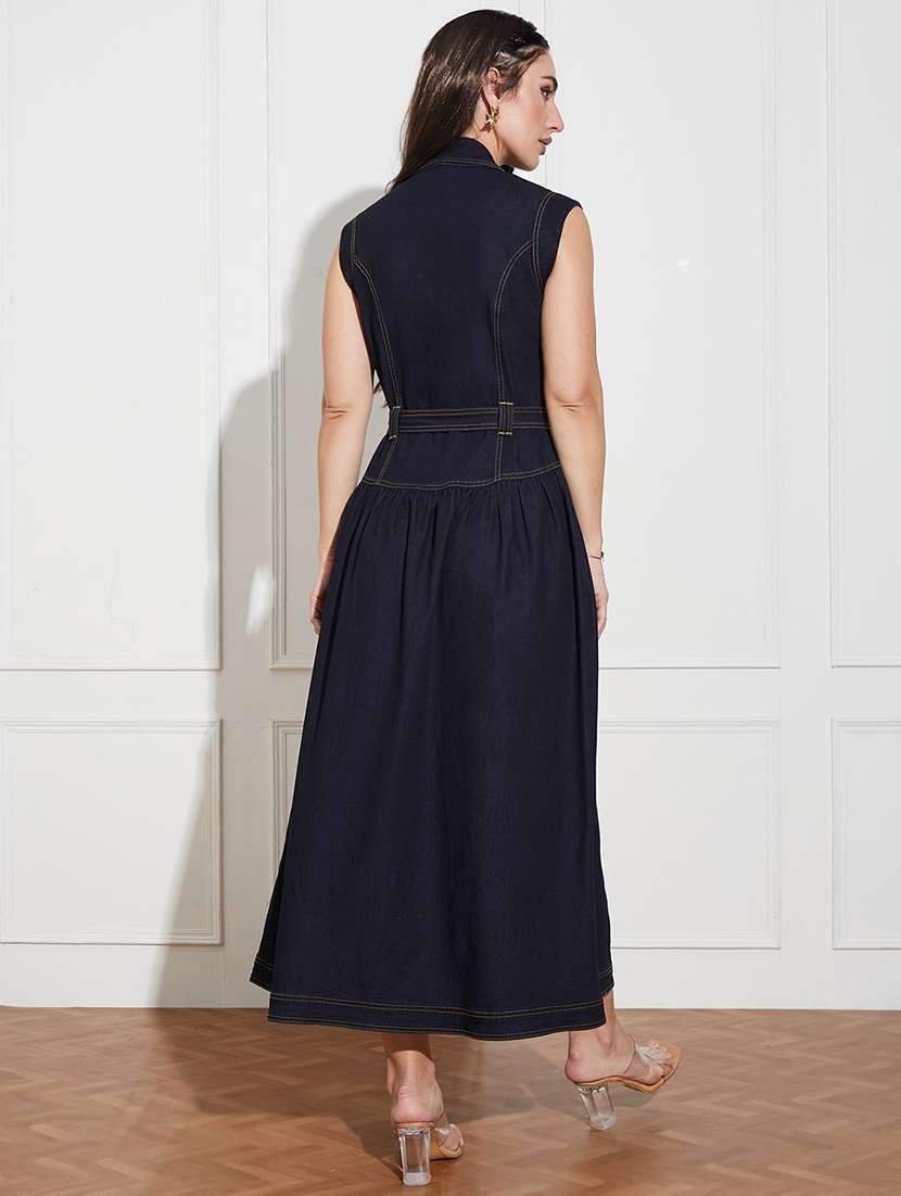 women solid sleeveless denim a-line dress - 22403190 -  Standard Image - 4