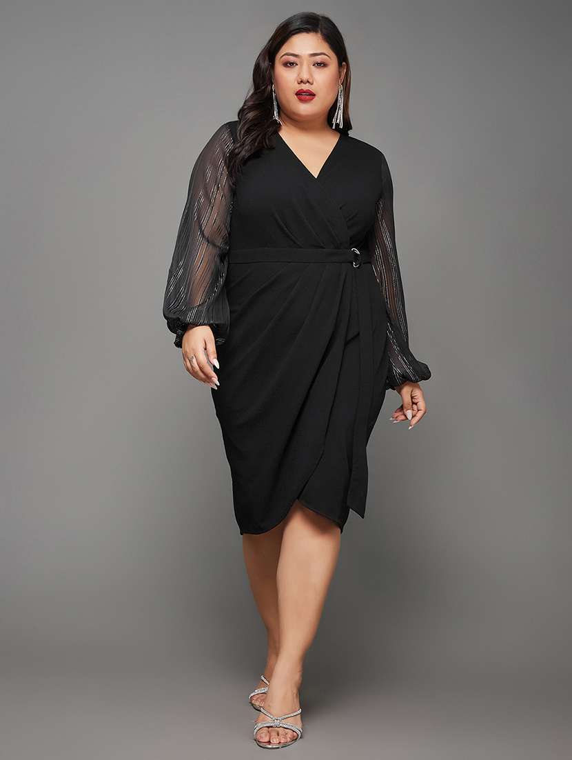 women plus size solid bishop sleeve wrap dress - 22403191 -  Standard Image - 4