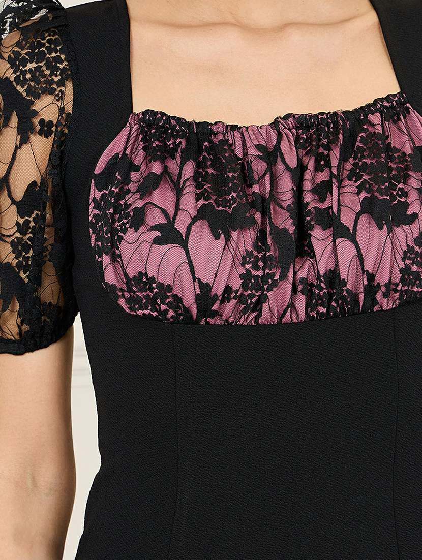 women solid puff sleeve lace bodycon dress - 22403197 -  Standard Image - 1