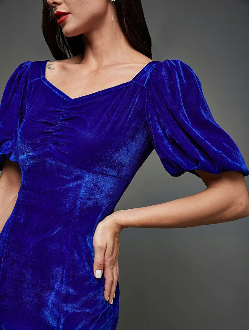 women solid puff sleeve velvet bodycon dress - 22403204 -  Standard Image - 1