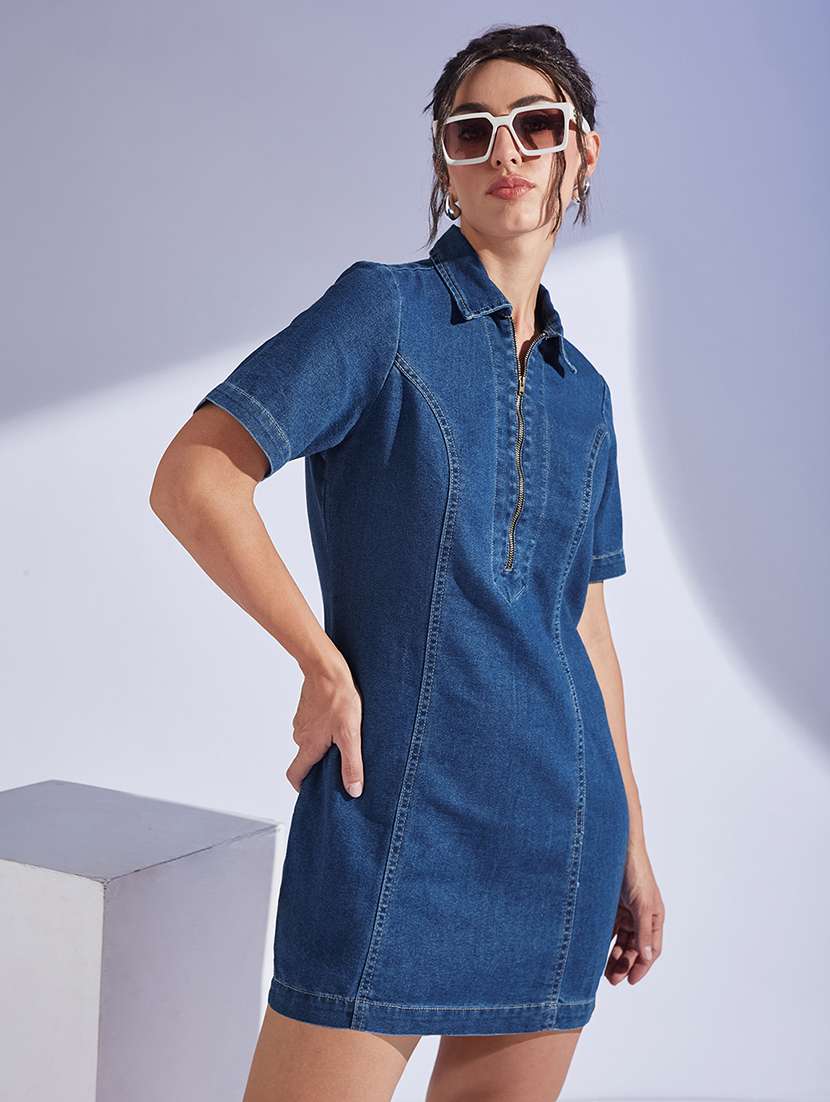 women solid collared denim sheath dress - 22403209 -  Standard Image - 1