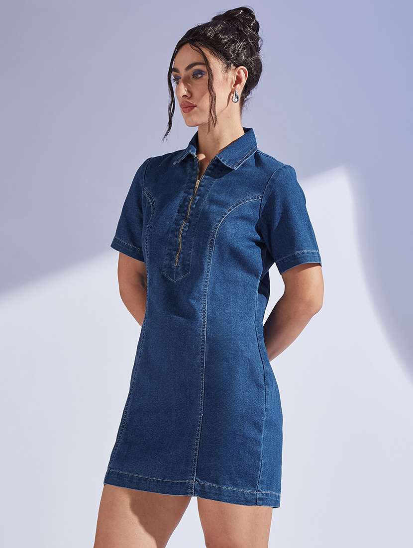 women solid collared denim sheath dress - 22403209 -  Standard Image - 4