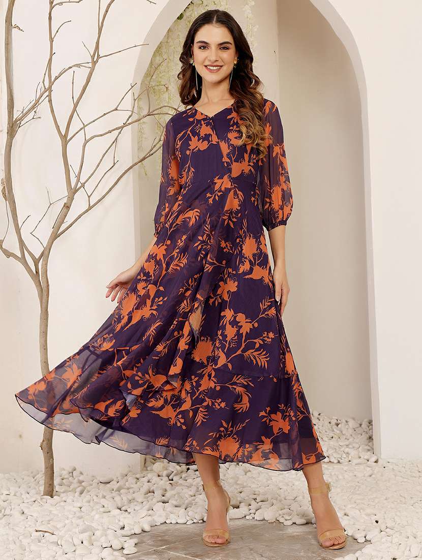 women printed three quarter sleeve tiered dress - 22403218 -  Standard Image - 1