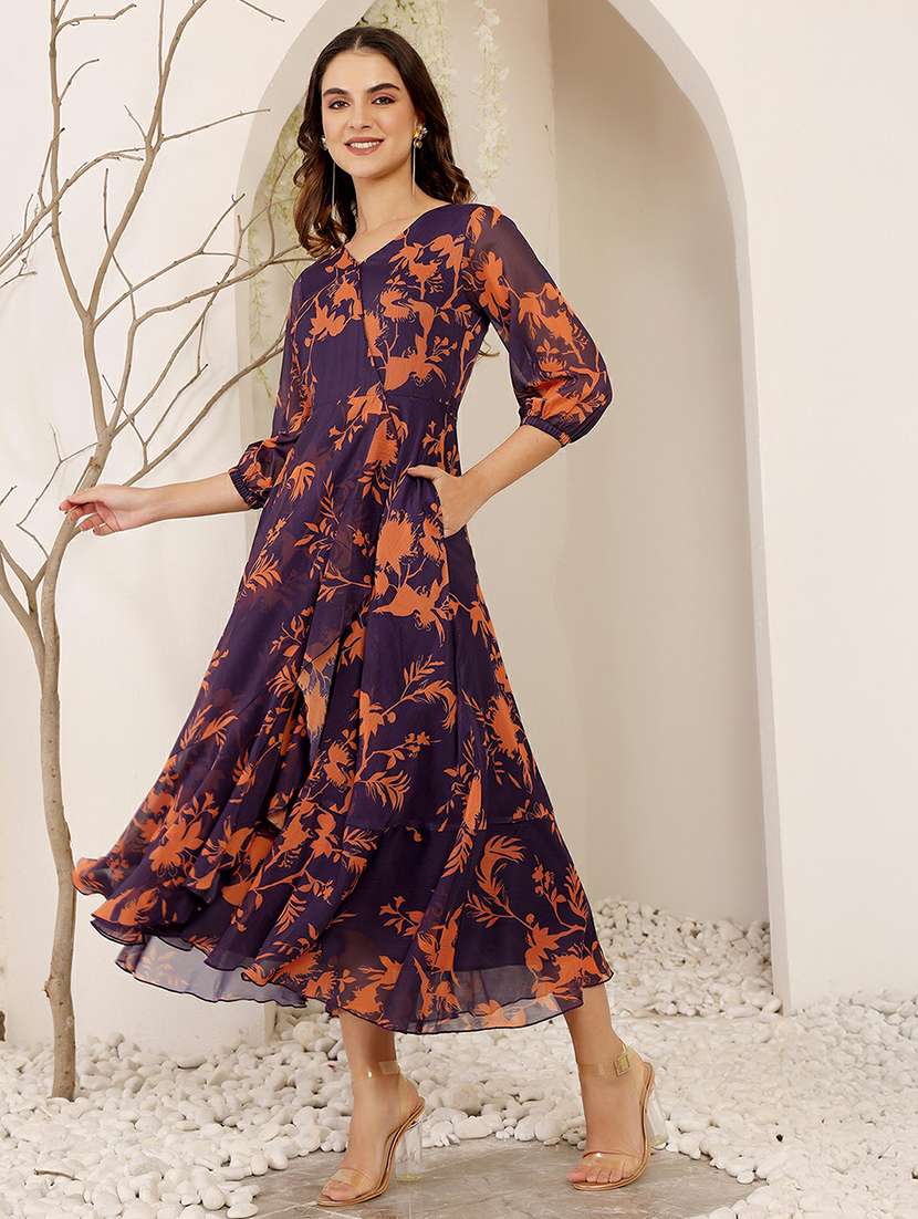 women printed three quarter sleeve tiered dress - 22403218 -  Standard Image - 4