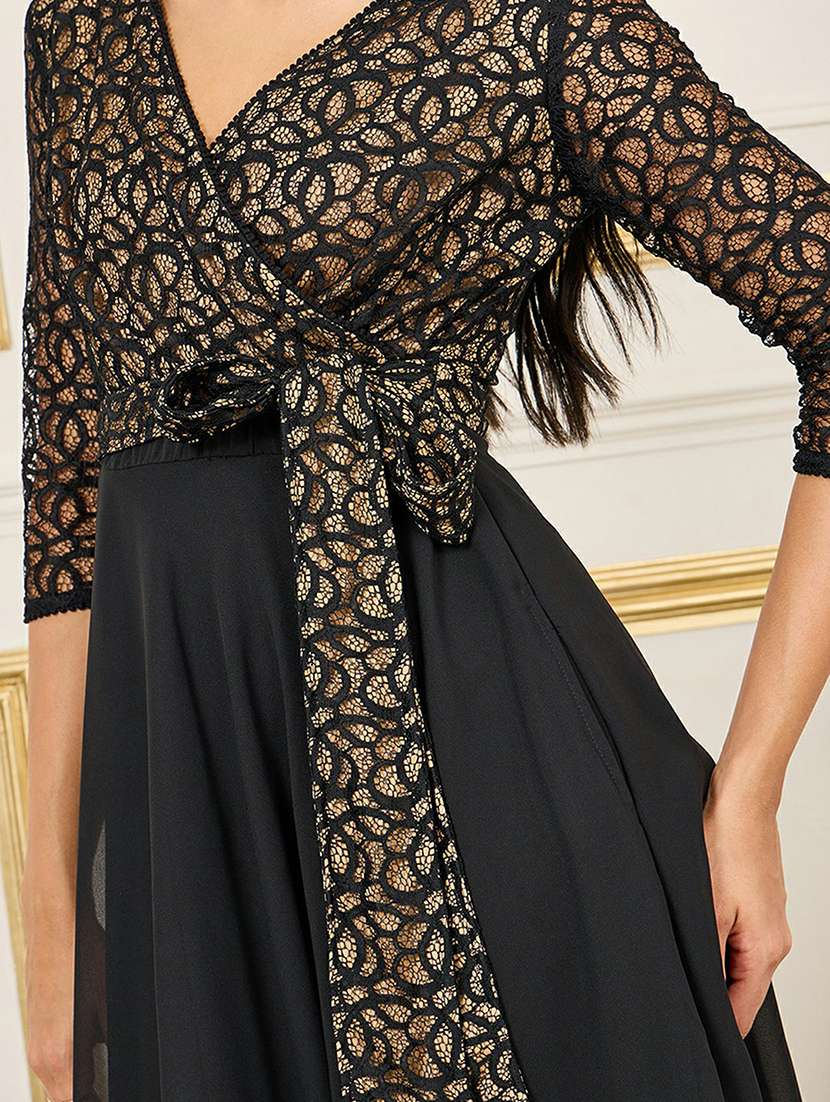 women self designed overlap neck lace fit & flare dress - 22403224 -  Standard Image - 1