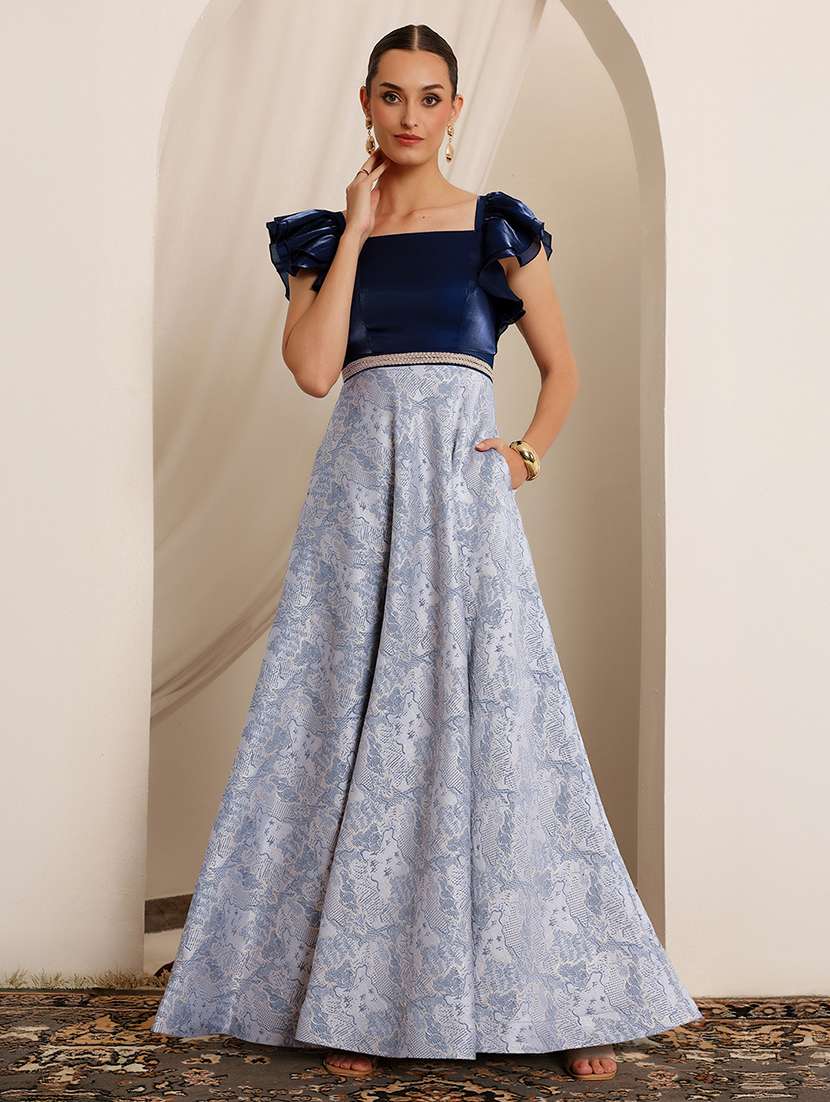 women printed ruffle sleeve fit & flare dress