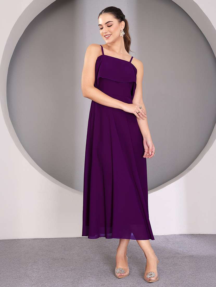 women solid shoulder strap fit & flare dress