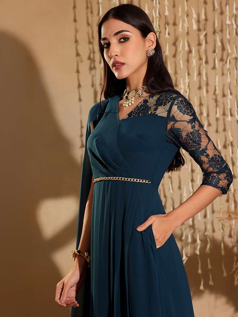 women self designed lace drape flaed dress - 22403269 -  Standard Image - 1