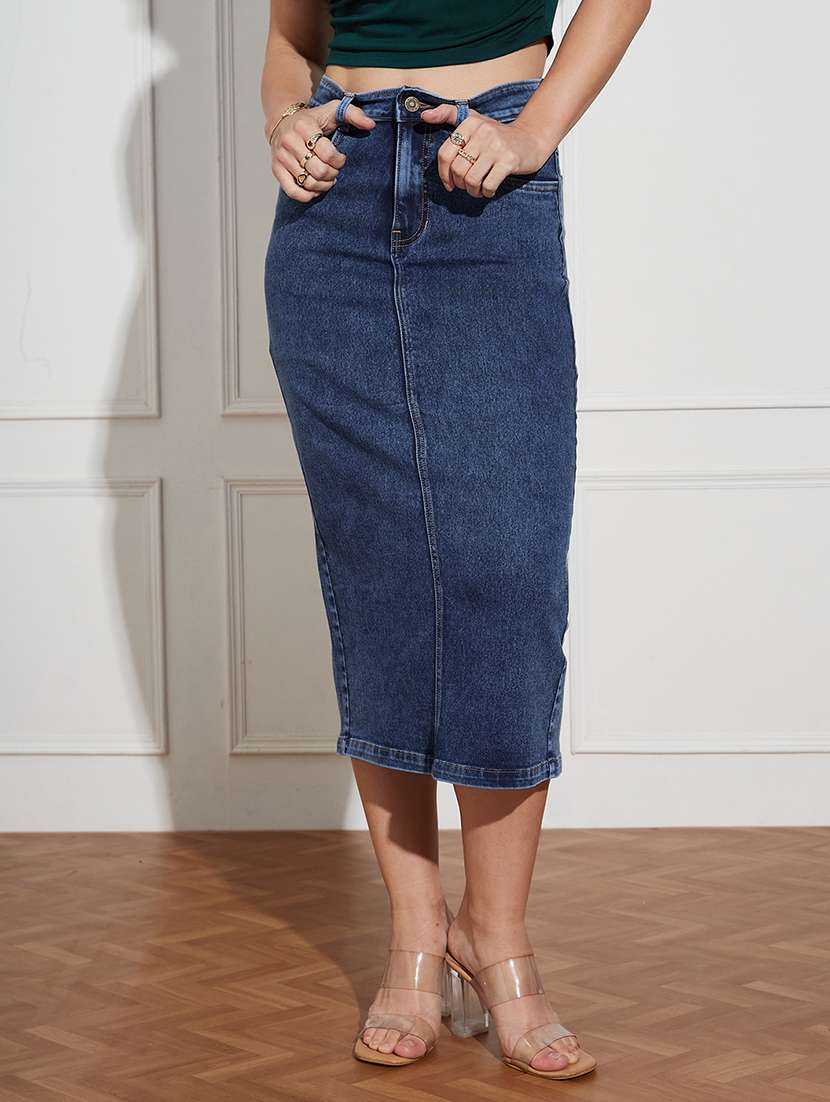 women solid high rise pencil skirt