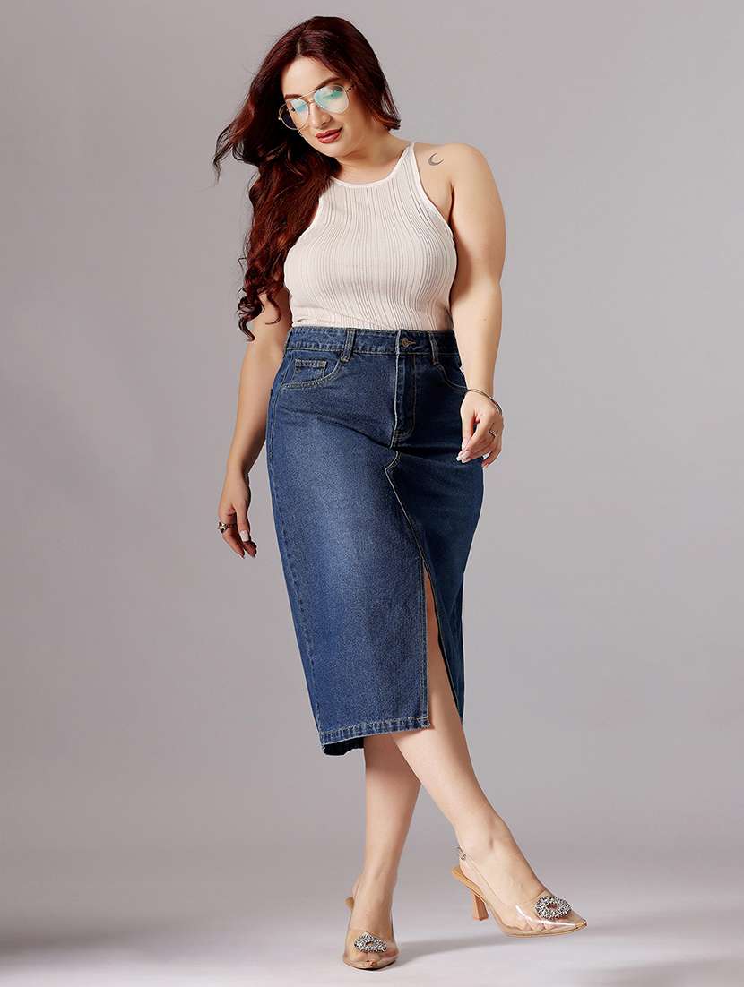 women solid high rise denim straight skirt - 22403311 -  Standard Image - 4