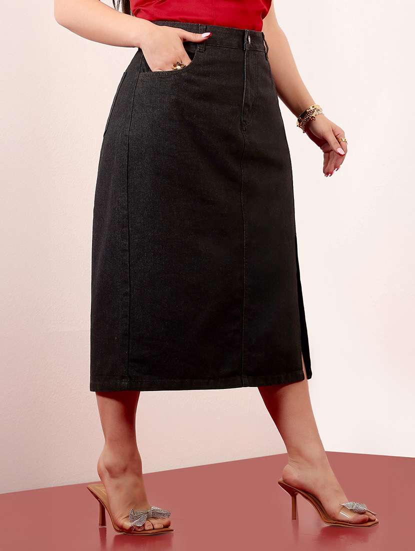 women solid high rise denim straight skirt - 22403314 -  Standard Image - 1