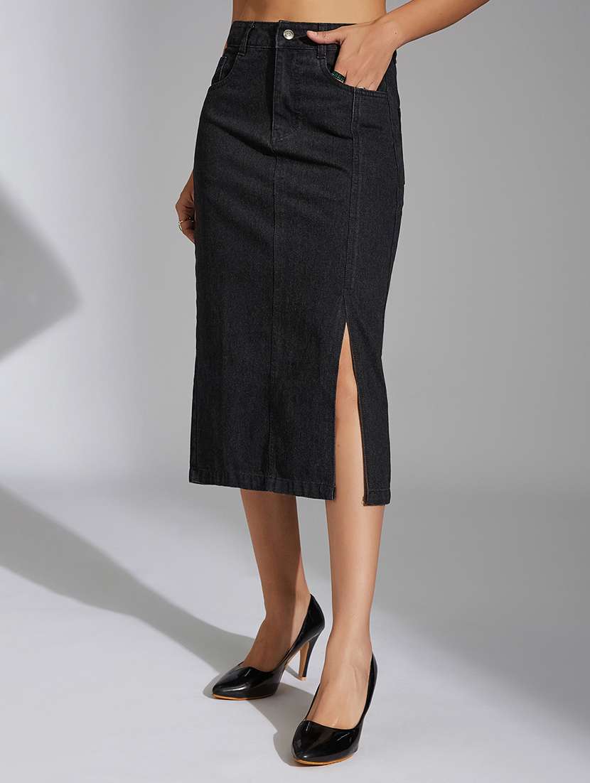 women solid high rise straight skirt