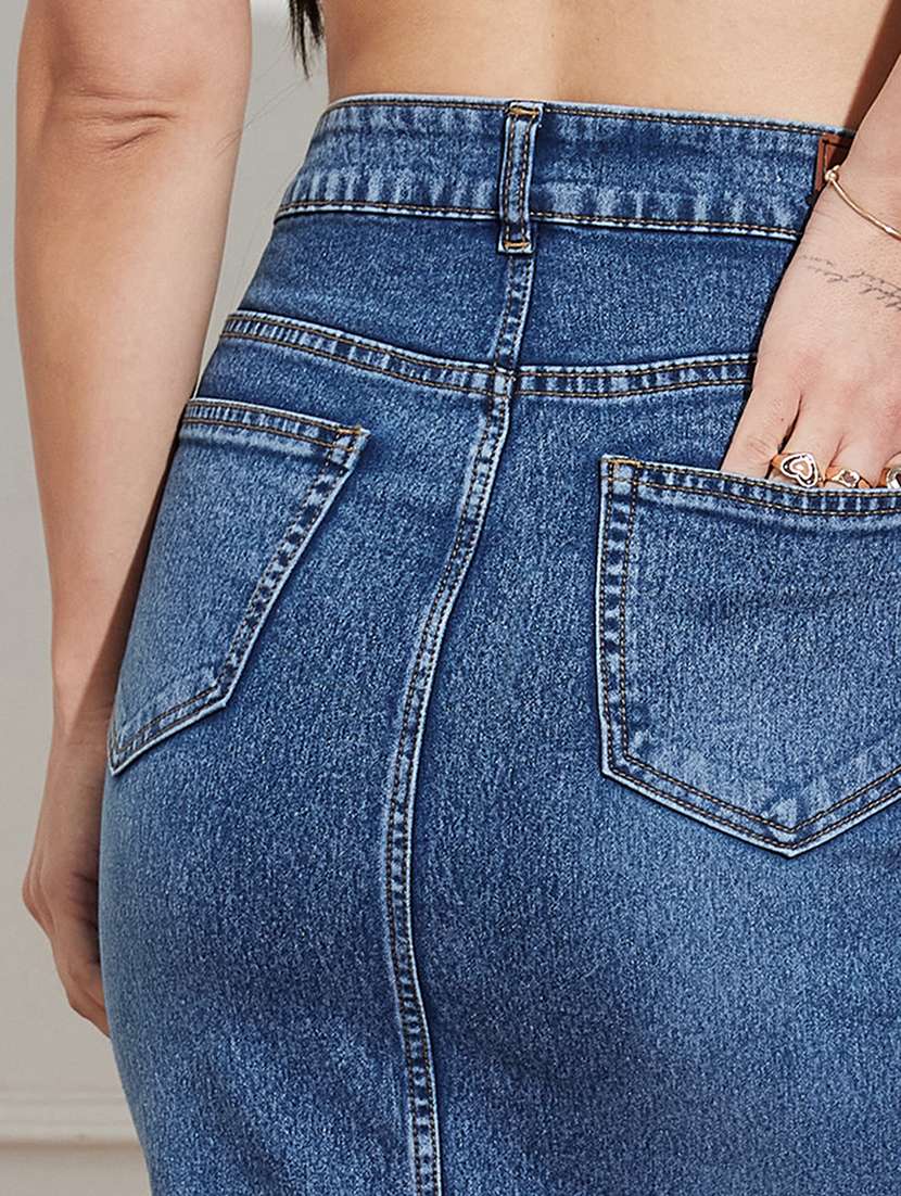 women solid high rise denim bodycon skirt - 22403327 -  Standard Image - 1