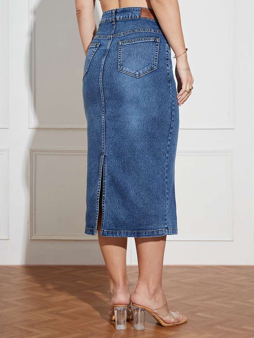 women solid high rise denim bodycon skirt - 22403327 -  Standard Image - 4