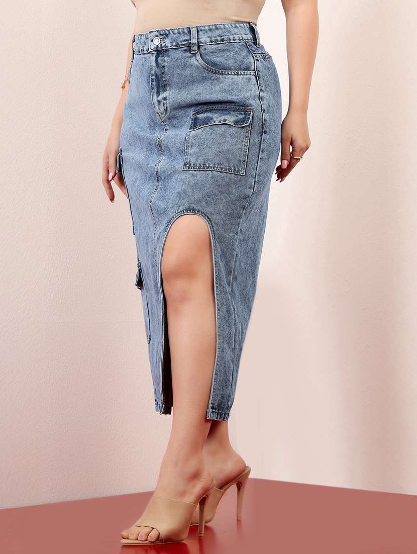 women solid high rise denim cargo skirt - 22403338 -  Standard Image - 1