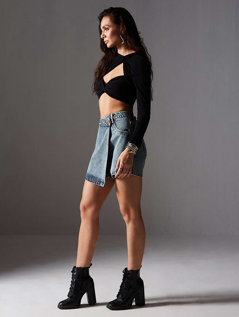 women solid high rise denim skorts - 22403343 -  Standard Image - 1