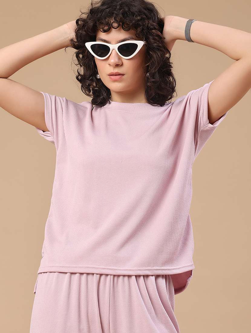 women solid short sleeves top and trouser co-ord set - 22403779 -  Standard Image - 1