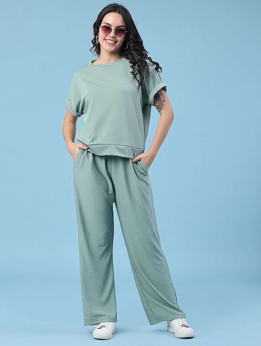 women self design round neck t-shirt and trouser co-ord set