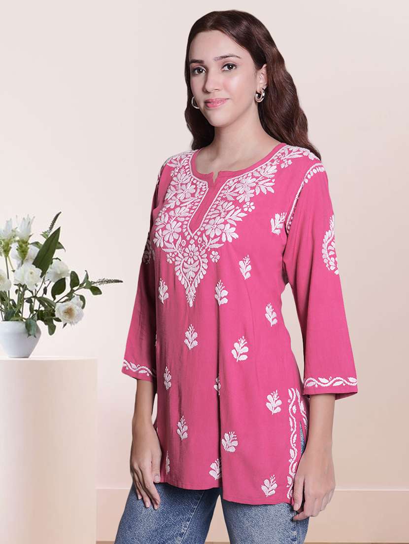 women chikankari three quarter sleeve straight kurti - 22404109 -  Standard Image - 1