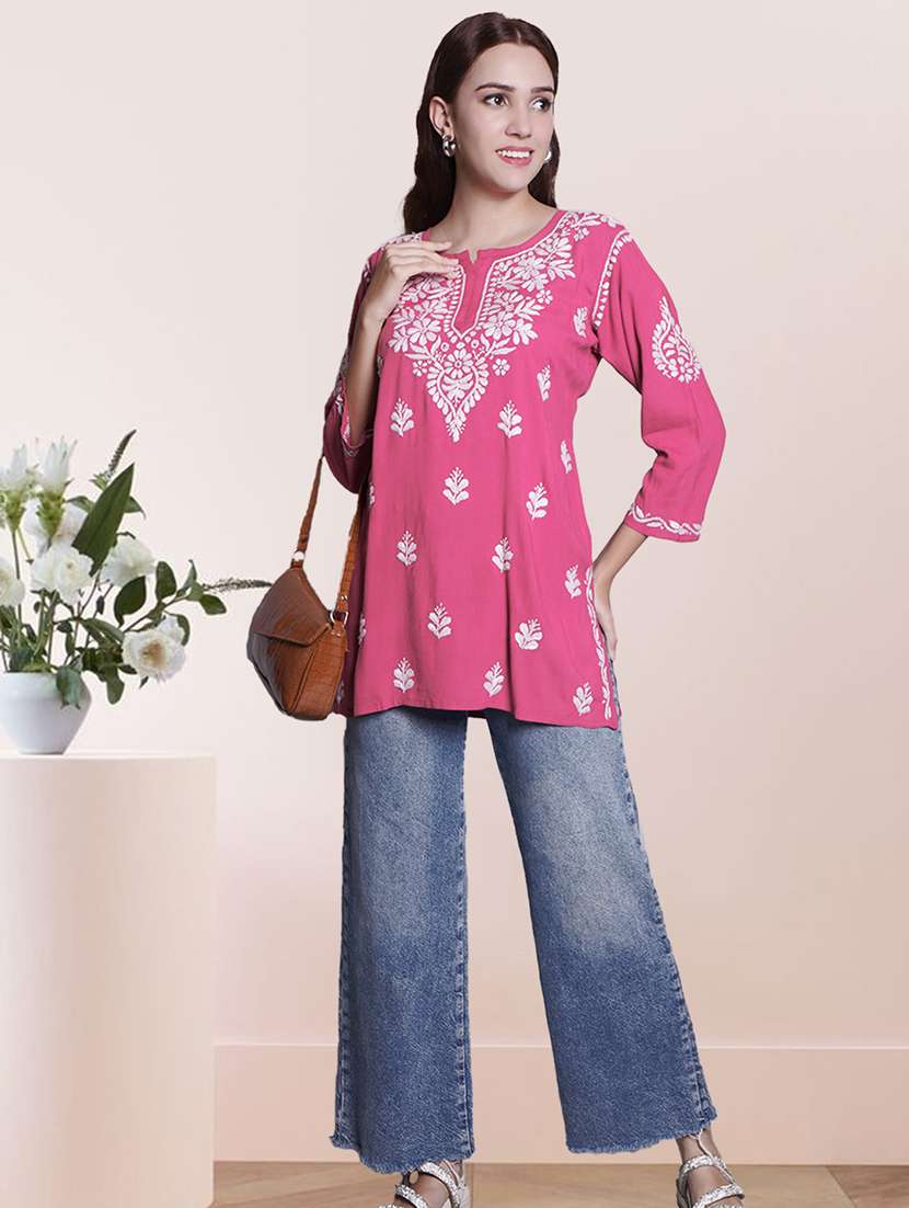 women chikankari three quarter sleeve straight kurti - 22404109 -  Standard Image - 4