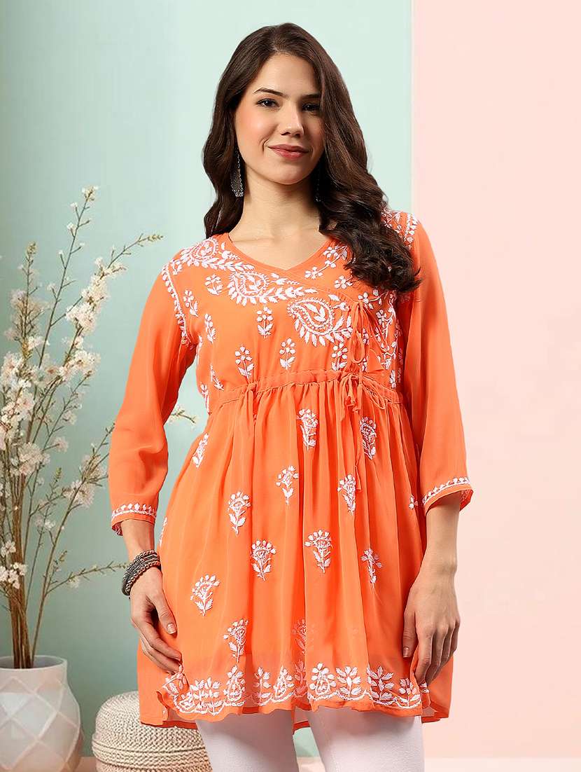 women chikankari three quarter sleeve angrakha kurta