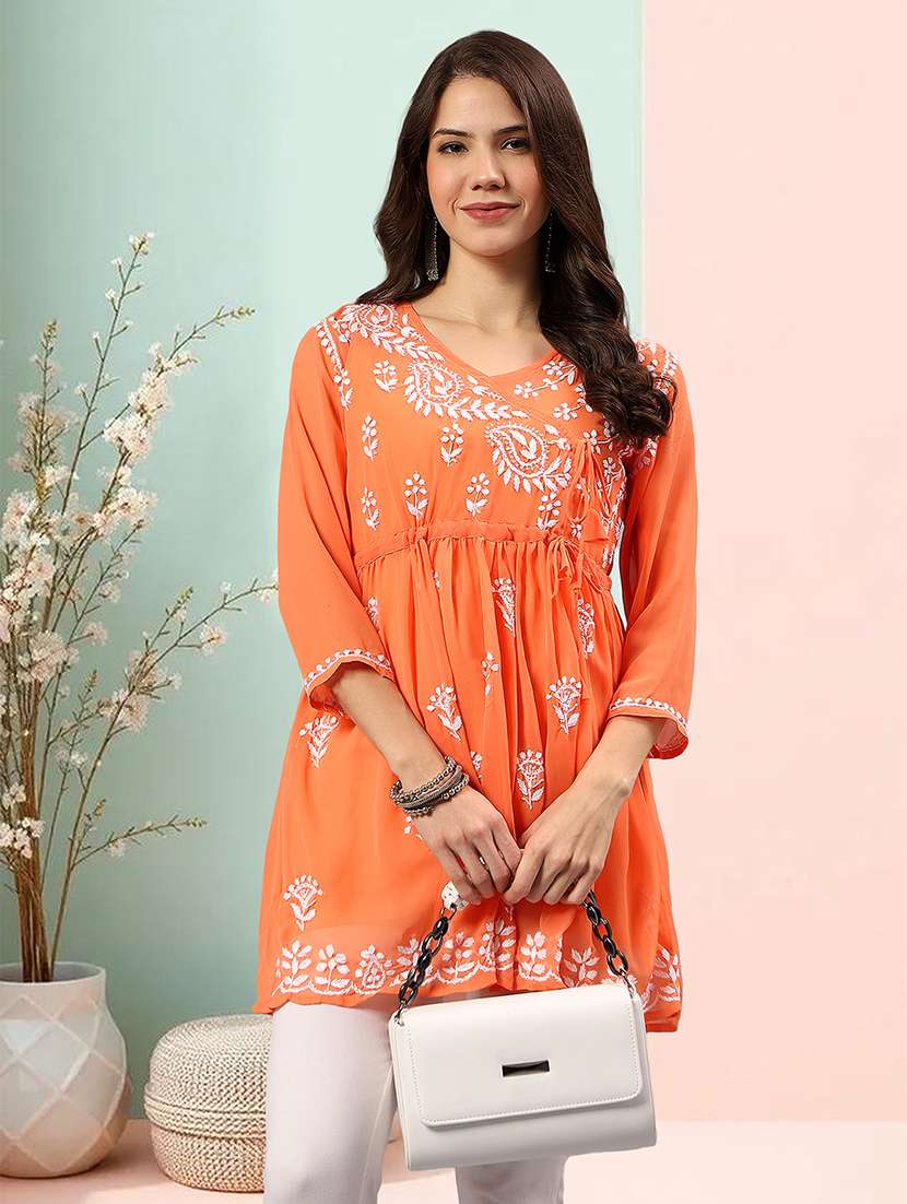 women chikankari three quarter sleeve angrakha kurta - 22404114 -  Standard Image - 1