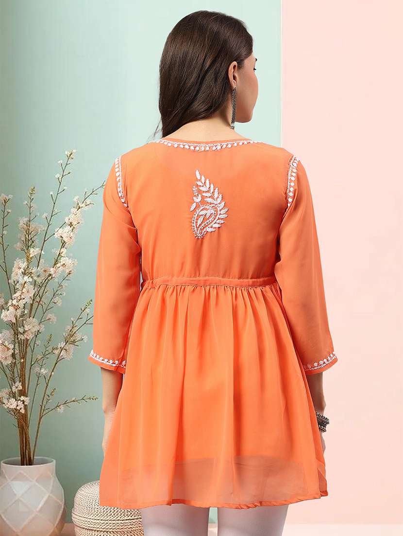 women chikankari three quarter sleeve angrakha kurta - 22404114 -  Standard Image - 4