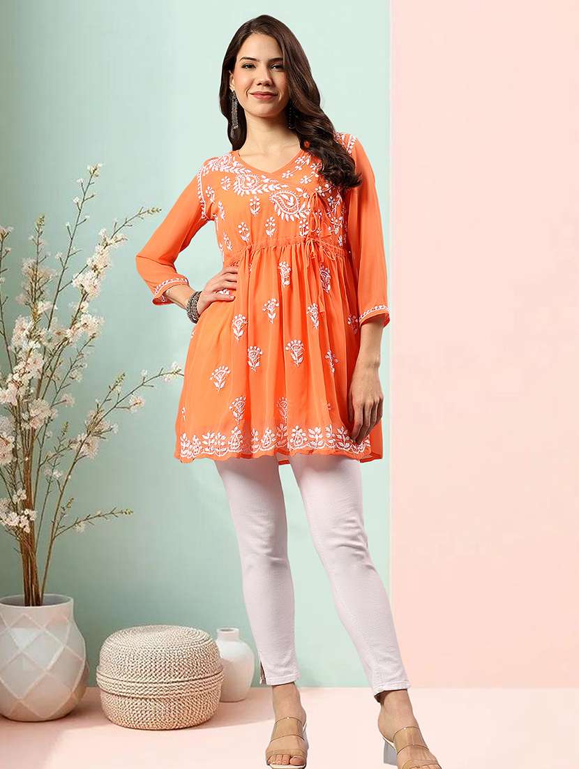 women chikankari three quarter sleeve angrakha kurta - 22404114 -  Standard Image - 6