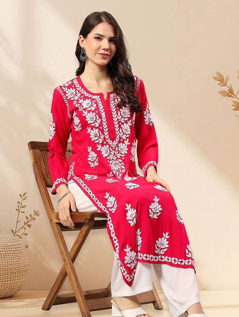 women chikankari long sleeve straight kurta - 22404116 -  Standard Image - 1
