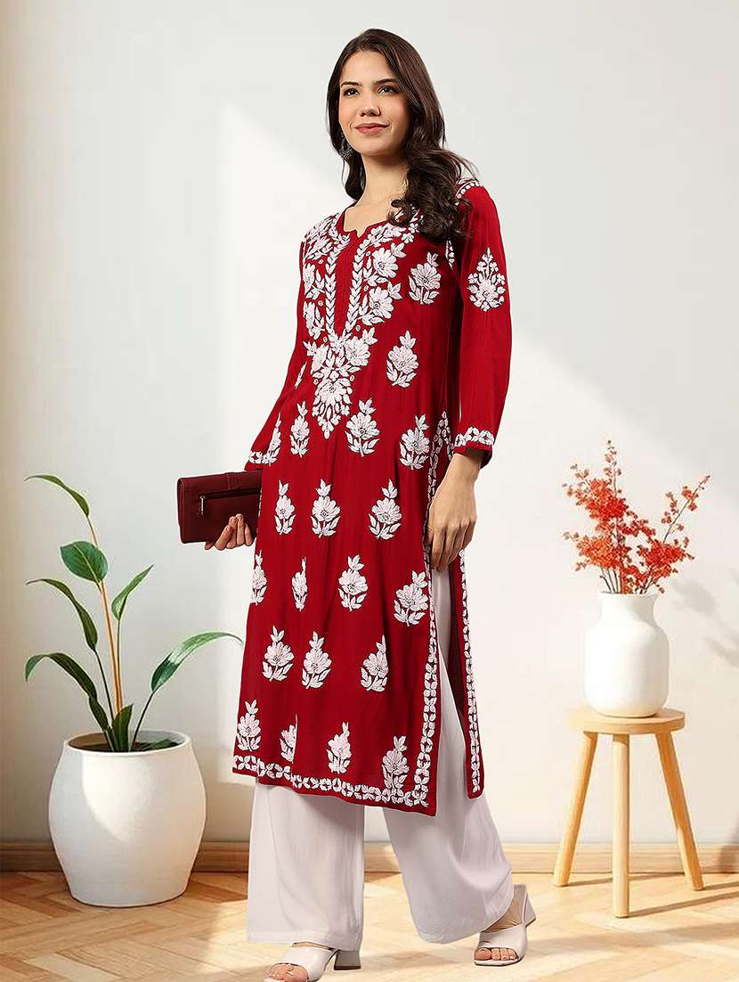 women chikankari long sleeve straight kurta - 22404117 -  Standard Image - 1