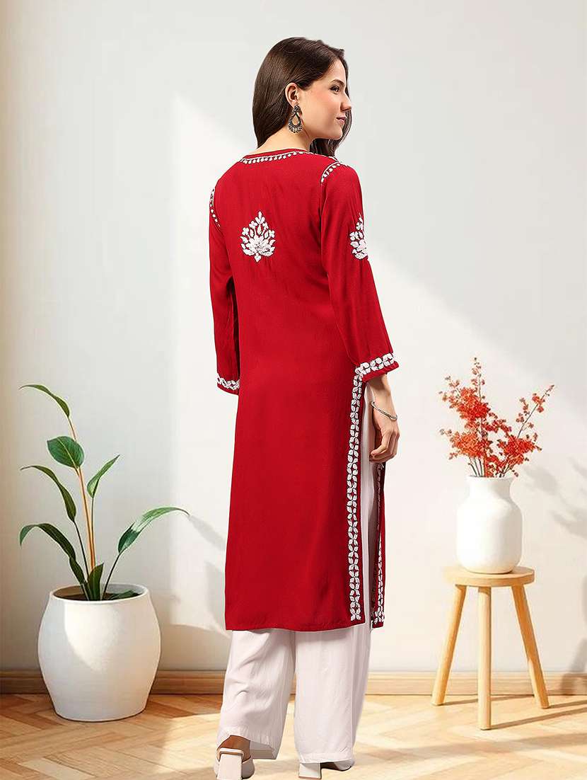 women chikankari long sleeve straight kurta - 22404117 -  Standard Image - 4