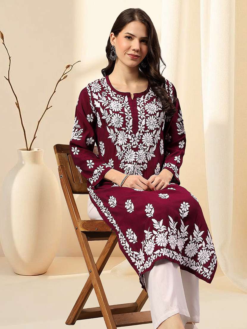 women chikankari long sleeve straight kurta - 22404119 -  Standard Image - 1